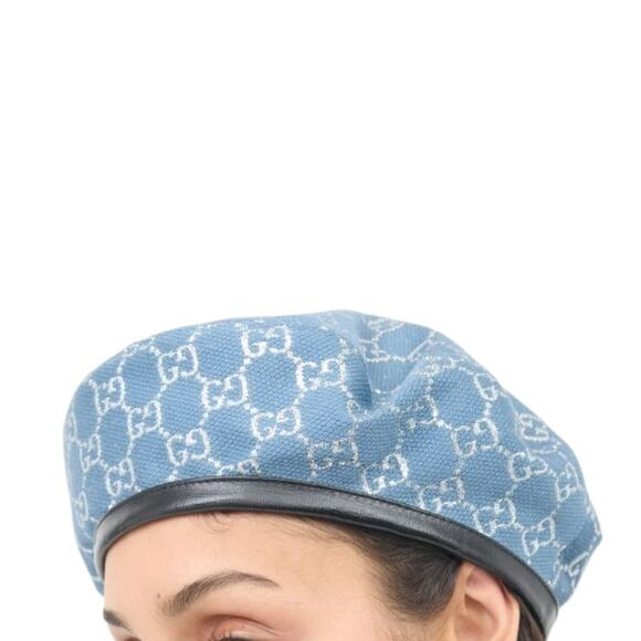 Gucci Canvas GG Monogram Denim Blue Wool Metallic Silver Beret main image 7